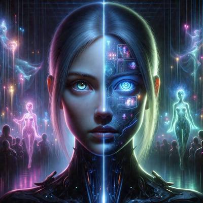 The primary subject of the image is a woman with a mix of human and robotic features. She has a human face with a blue eye, but her body is covered in robotic parts. The setting is a futuristic environment, with a backdrop of a cityscape. The visual style is a digital art or illustration, creating a surreal and intriguing atmosphere. The colors are predominantly blue and purple, giving the image a cool and mysterious mood.